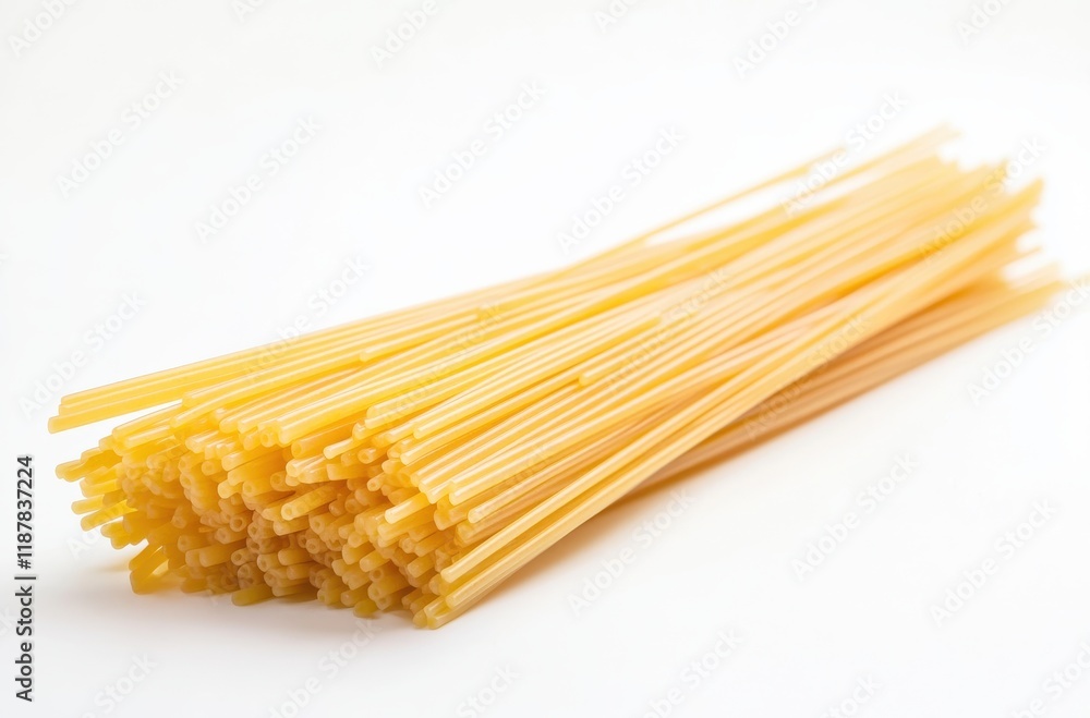 A Close-Up View of Raw Spaghetti Noodles Arranged Neatly on a White Background for Culinary and Recipe Presentations A Close-Up View of Raw Spaghetti Noodles Arranged Neatly on a White Background for Culinary and Recipe Presentations