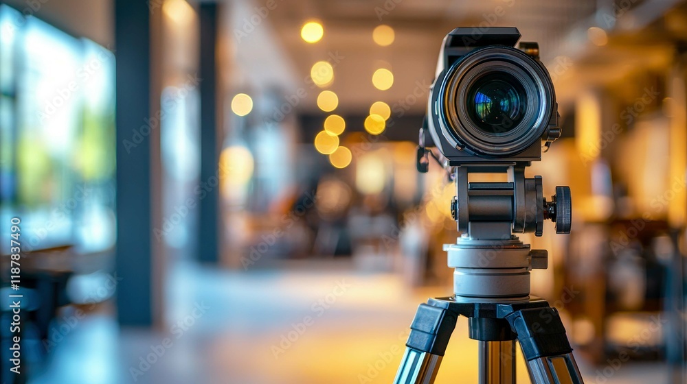 Professional Video Camera on Tripod in a Blurred Studio Background. High-Quality Filmmaking and Video Production Equipment Professional Video Camera on Tripod in a Blurred Studio Background. High-Quality Filmmaking and Video Production Equipment