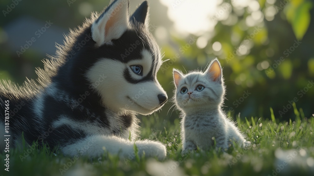 Adorable husky puppy and kitten friendship in sunlit garden Adorable husky puppy and kitten friendship in sunlit garden