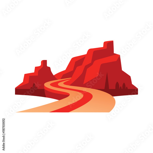  Red rock canyon with a curving dirt road isolated flat vector illustration on white background