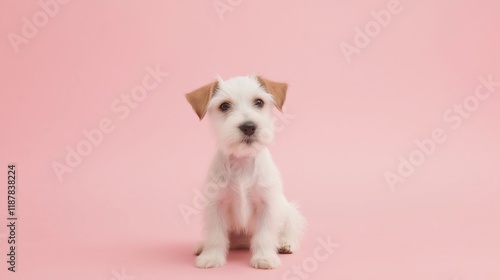 Mischievous wire fox terrier puppy on pink background for pet portraits