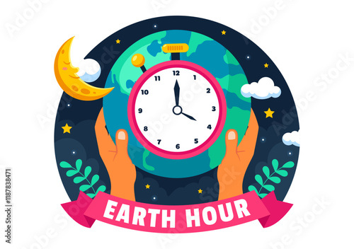 Happy Earth Hour Day Vector Illustration Featuring a Cloud, Light Bulb, World Map, and the Theme of Turning Off Lights in a Flat Cartoon Background