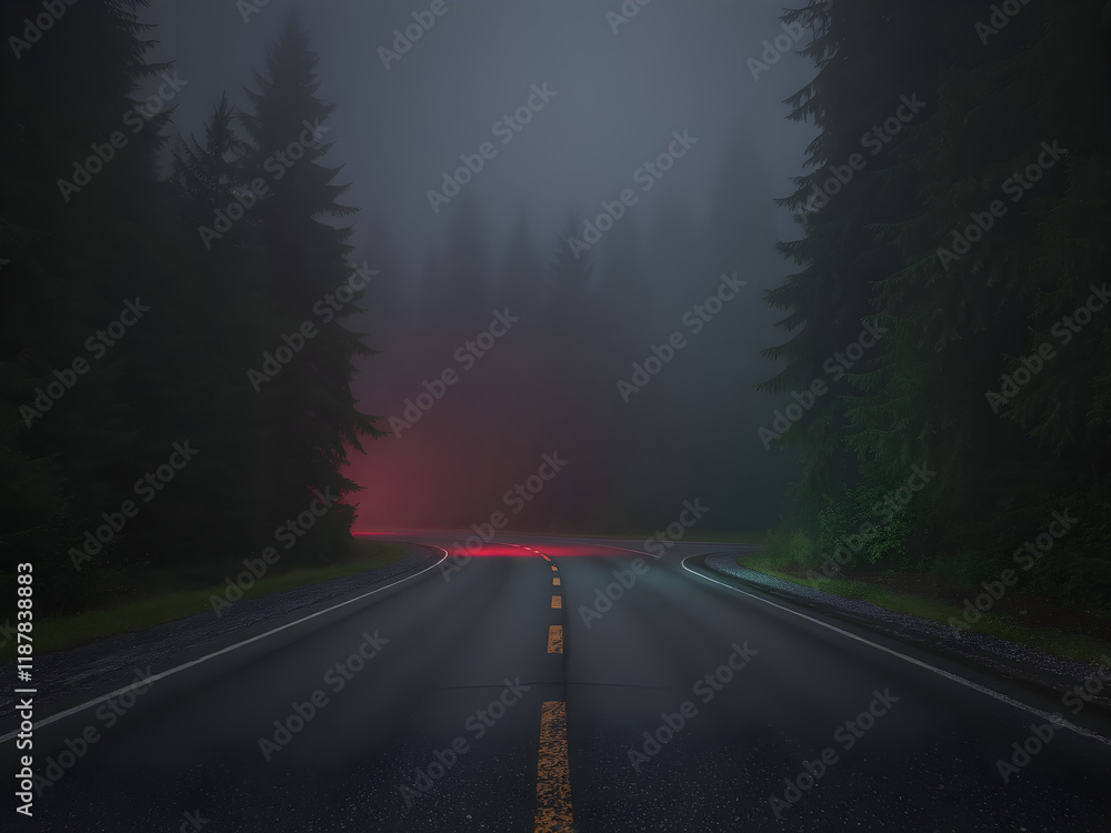 Fototapeta premium cinematic dark spruce forest at misty night, red and green light wet asphalt road heading forward