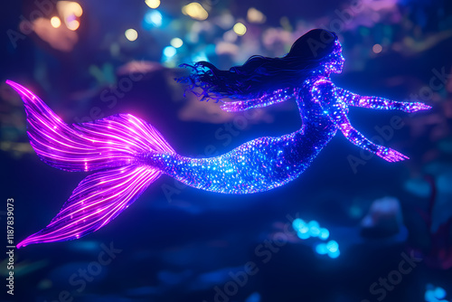 A glowing cybernetic mermaid swimming in a neon ocean, symbolizing beauty and magic