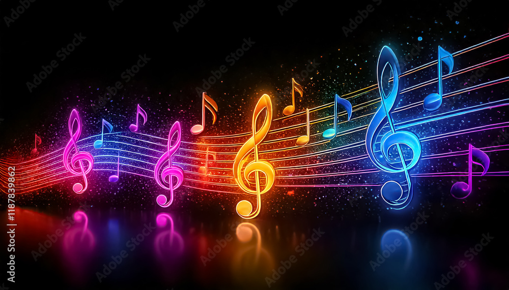 Obraz premium colorful neon music notescape, black background