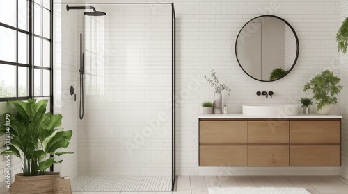 Modern minimalist bathroom design with frameless glass shower and wooden vanity