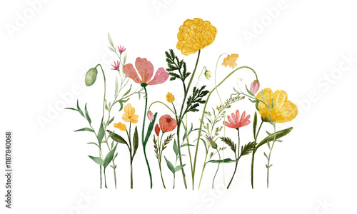 Yellow and red wild flowers in white background, for greeting card, invitation,