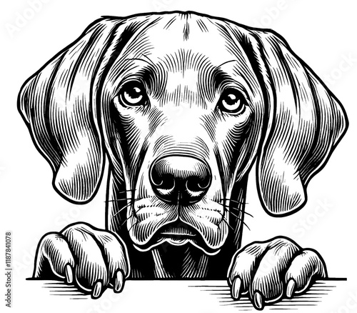 Hand drawn cute peeking Weimaraner portrait, vector sketch isolated on white background, SVG vector	