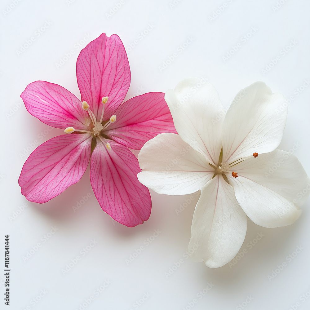Obraz premium Pink and White Flowers Closeup Delicate Petals on White Background