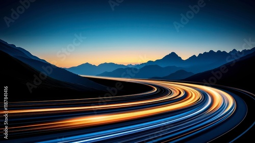 A dim road stretches beneath a starry sky, where streaks of light and shadow dance, tracing endless lines through the dark