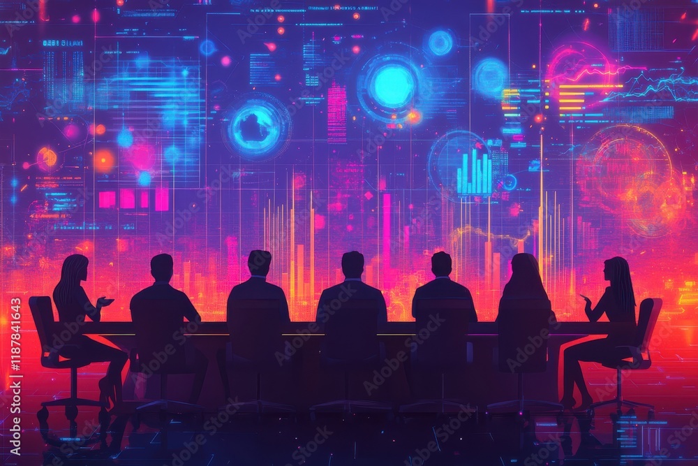 Futuristic Business Meeting with Data Visualization, Silhouettes of Professionals Analyzing Market Trends, Digital Screens Presenting Statistical Graphics and Analytics Information
