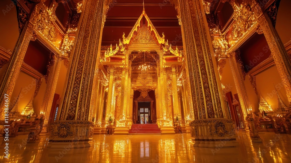 Neon-style Thai palaces glowing in bright gold, with intricate details and ornate designs, framing a vibrant, golden-lit central space Neon-style Thai palaces glowing in bright gold, with intricate details and ornate designs, framing a vibrant, golden-lit central space
