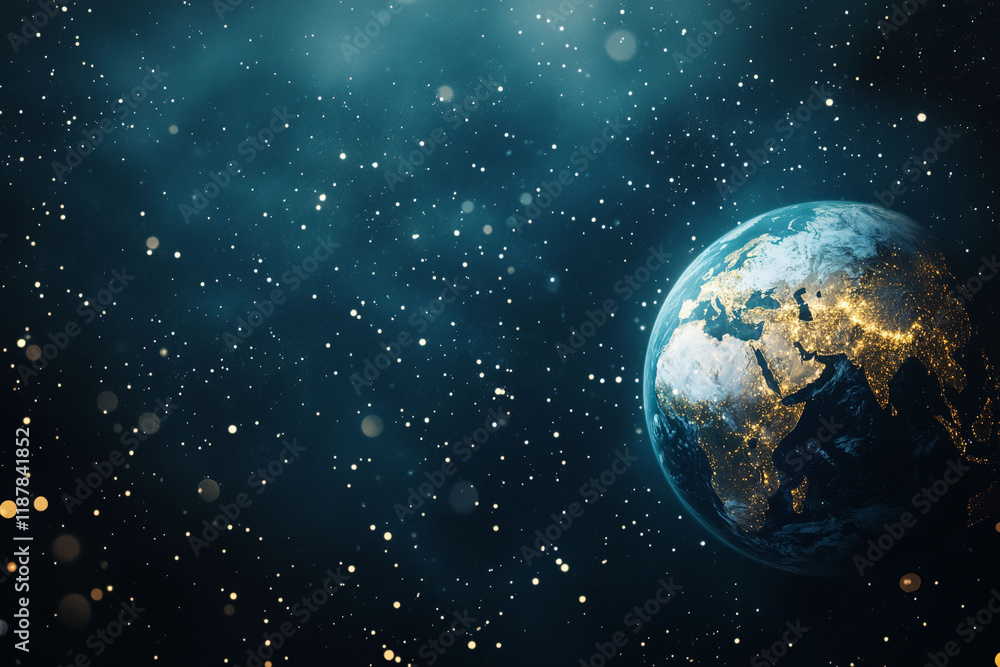 Naklejka premium A breathtaking view of Earth from space, illuminated by city lights and twinkling stars. This image captures the beauty and fragility of our home planet.