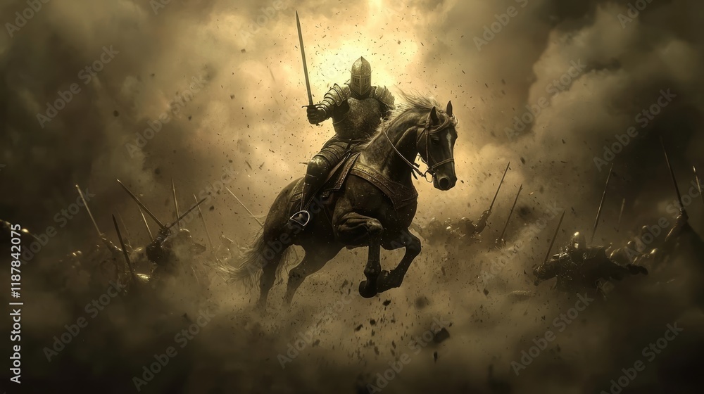 Fototapeta premium A knight on horseback charges through a smoky battlefield, wielding a sword, embodying strength and valor against a dramatic backdrop.