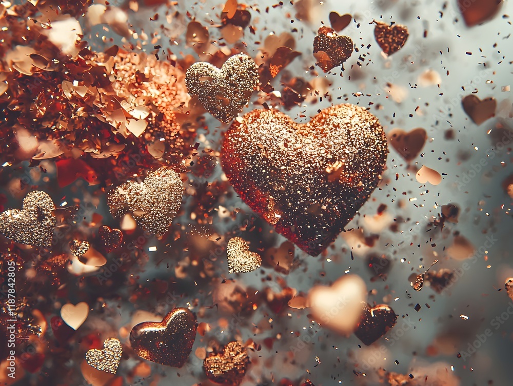 Fototapeta premium Glowing Golden and Pink Hearts Valentines Day Ethereal Glitter Background