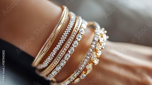 A woman is wearing a stack of gold and diamond bracelets