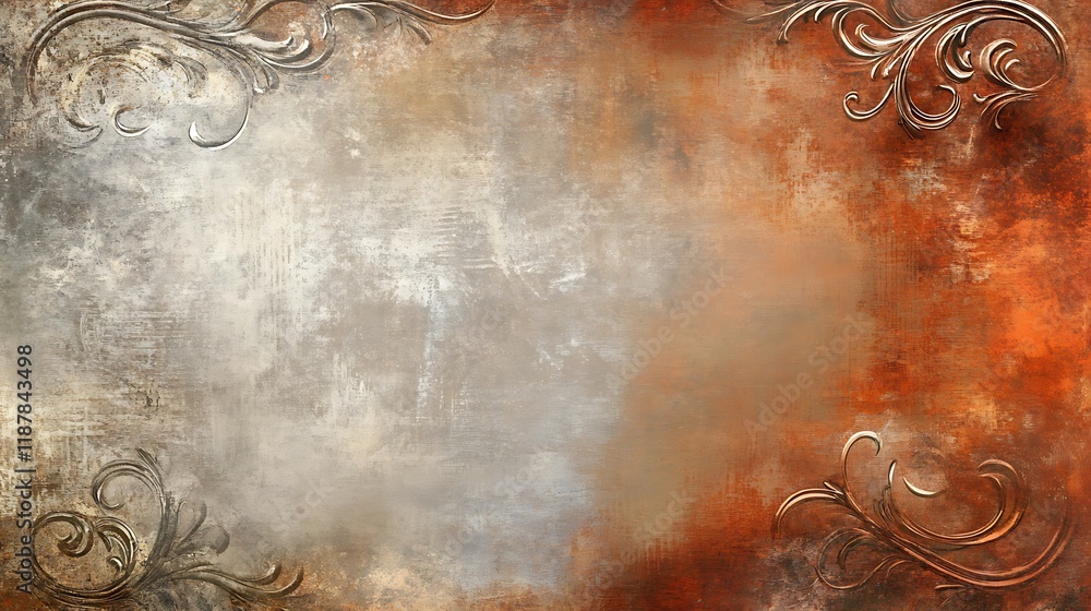 Ornate metallic swirls frame a textured background Ornate metallic swirls frame a textured background