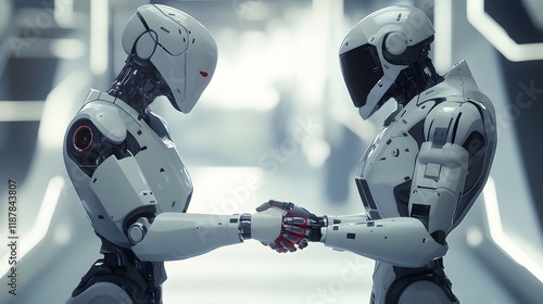 Two Advanced Robots Shake Hands In A Futuristic Setting