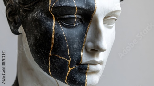 Une sculpture en marbre, statue d'une personne stoÃƒÂ¯cienne grecque ou romaine, reprÃƒÂ©sentant le stoÃƒÂ¯cisme. Avec des lignes dorÃƒÂ©es et noires, kintsugi, fond blanc photo