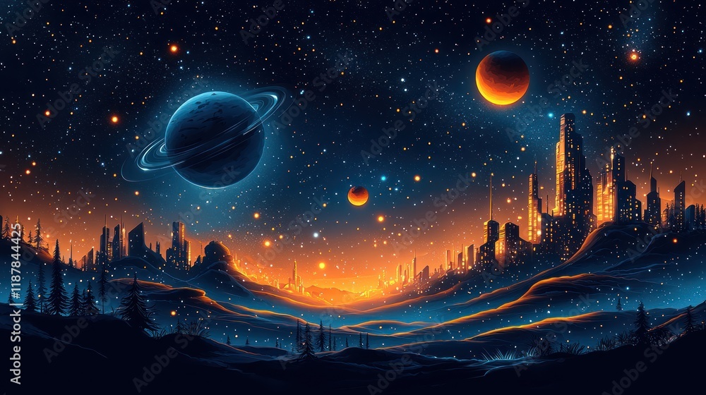 Naklejka premium A cosmic landscape with planets and a futuristic city.