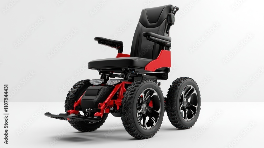 Red electric wheelchair with high-tech features, highlighted in sharp resolution against a pure white background with studio lighting Red electric wheelchair with high-tech features, highlighted in sharp resolution against a pure white background with studio lighting