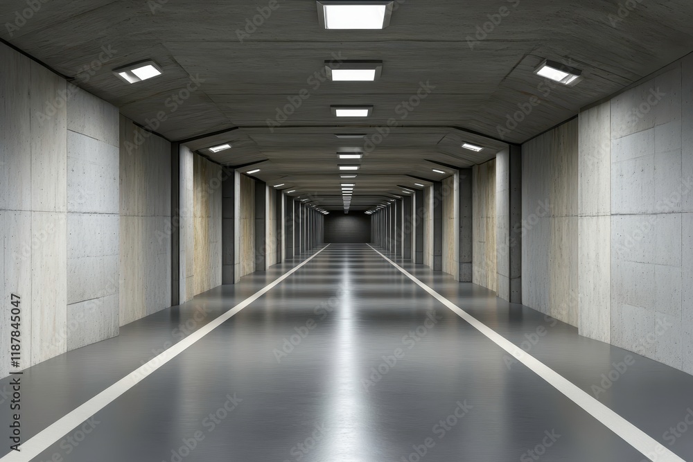 Modern concrete corridor with symmetrical lighting, showcasing a sleek minimalist design, and smooth reflective flooring, evoking a sense of depth and spaciousness Modern concrete corridor with symmetrical lighting, showcasing a sleek minimalist design, and smooth reflective flooring, evoking a sense of depth and spaciousness