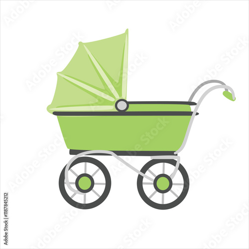 Baby stroller vector in cartoon style. Blue stroller clipart in flat design isolated on white background. Baby shower, baby element.
