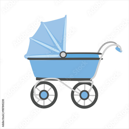 Baby stroller vector in cartoon style. Blue stroller clipart in flat design isolated on white background. Baby shower, baby element.