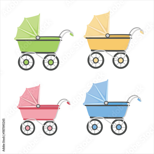 Baby stroller vector set in cartoon style. Green stroller clipart in flat design isolated on white background. Baby shower, baby element.