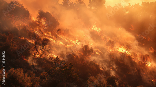 Fire truck and firefighters battle blazes, wildfire forest fire. natural disaster background banner panorama. Burning flames with smoke development and black silhouette of forest trees photo