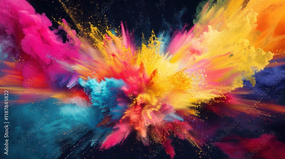 a dynamic explosion of colors and abstract shapes, white space in the center of the page for text, bold and vibrant hues against a black background a dynamic explosion of colors and abstract shapes, white space in the center of the page for text, bold and vibrant hues against a black background