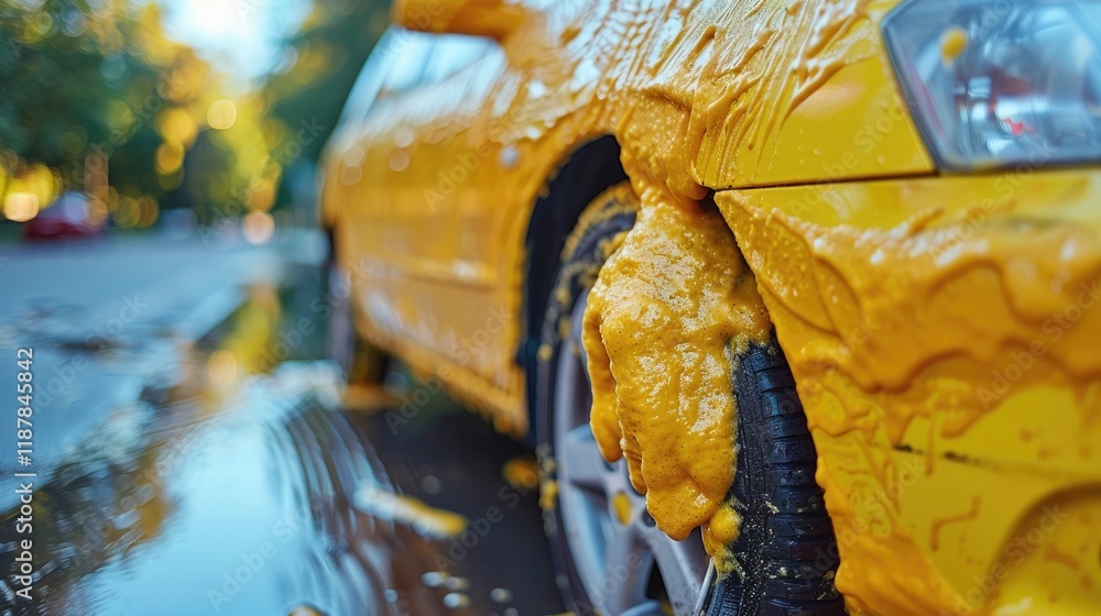 Yellow car covered in foam at carwash on city street. Yellow car covered in foam at carwash on city street.