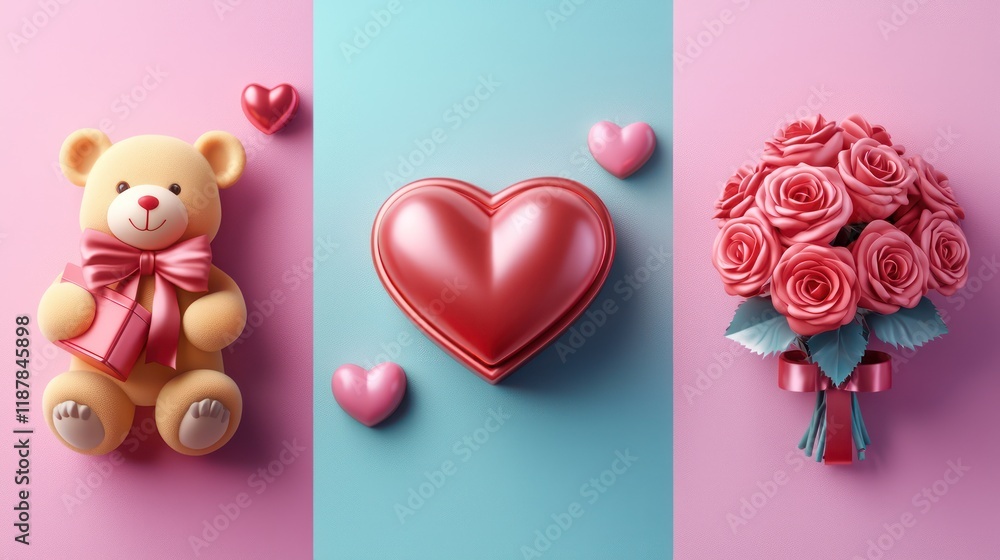 Valentine's Day 3D icons: ring box, diary, and teddy bear. Valentine's Day 3D icons: ring box, diary, and teddy bear.