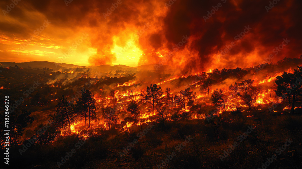 Fire truck and firefighters battle blazes, wildfire forest fire. natural disaster background banner panorama. Burning flames with smoke development and black silhouette of forest trees Fire truck and firefighters battle blazes, wildfire forest fire. natural disaster background banner panorama. Burning flames with smoke development and black silhouette of forest trees
