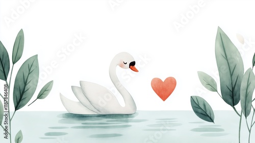 Fototapeta Naklejka Na Ścianę i Meble -  Serene watercolor swan with ripples and heart - perfect for cards or posters