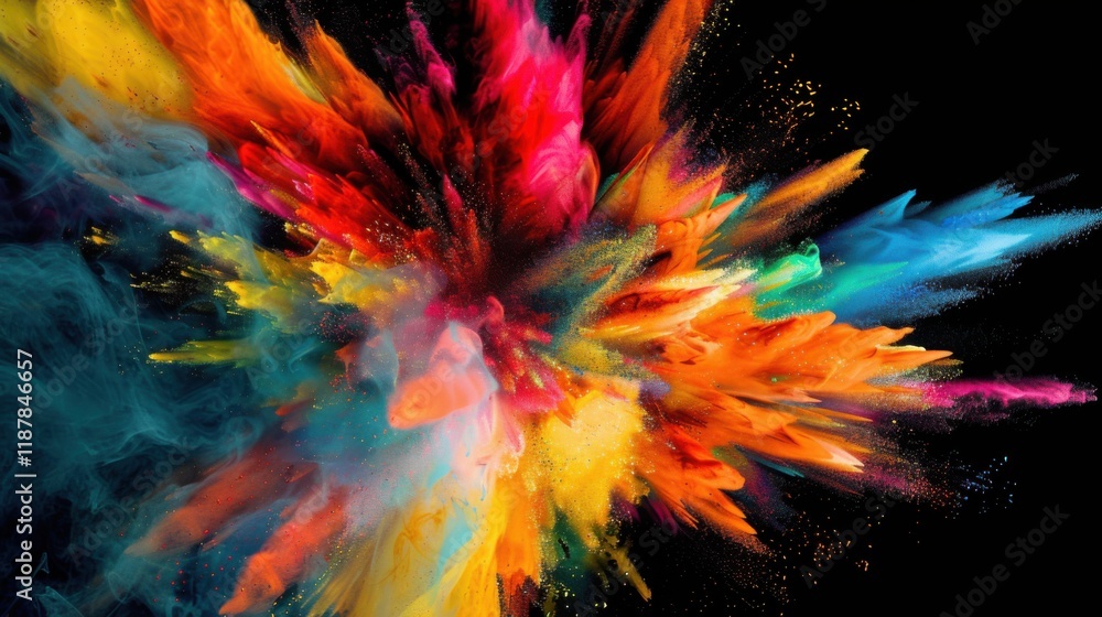 a dynamic explosion of colors and abstract shapes, white space in the center of the page for text, bold and vibrant hues against a black background a dynamic explosion of colors and abstract shapes, white space in the center of the page for text, bold and vibrant hues against a black background