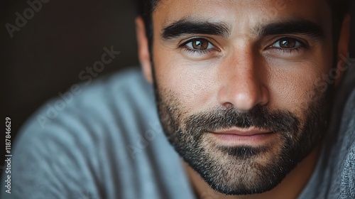 Close-up portrait of a man with a thoughtful expression, looking directly at the camera.  He has brown eyes and a short, dark beard.  He is wearing a gray shirt.