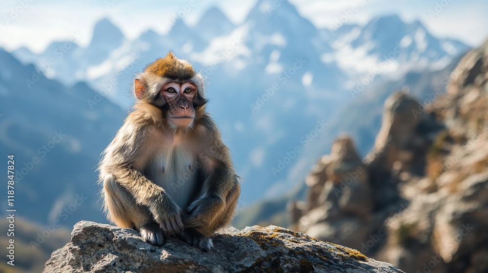 Naklejka premium Young monkey sitting on rock, mountain background.