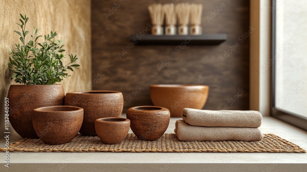 Fototapeta premium Traditional spa setting with clay pots of herbal infusions, woven mats, and a calming earthy color palette