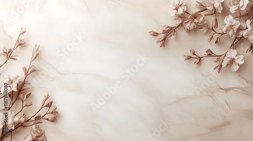 Delicate beige blossoms arranged on marble background