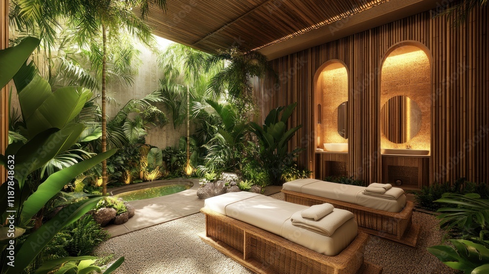 Fototapeta premium Tropical-themed spa with bamboo accents, lush greenery, and an outdoor massage area surrounded by nature