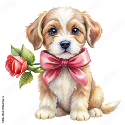 Cute dog with a bow and a rose on its back Clipart Watercolor