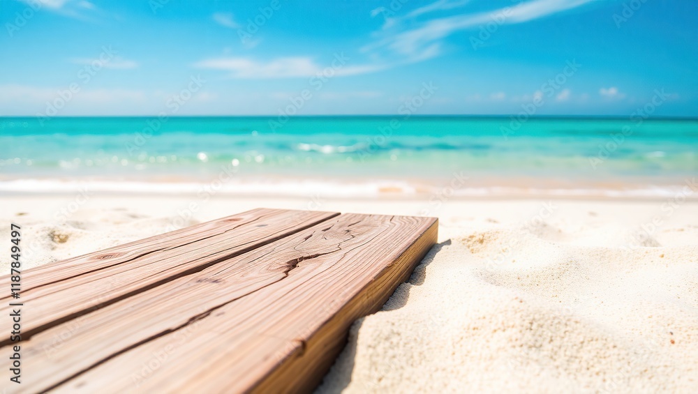 Fototapeta premium Wooden Plank on Sandy Beach with Ocean View