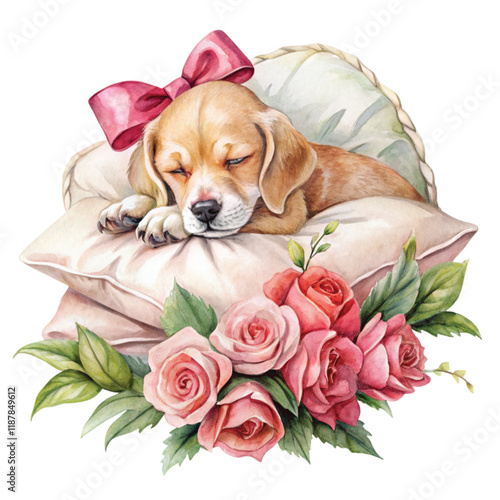 The dog sleeps on the pillow. Rose Bow Clipart Watercolor