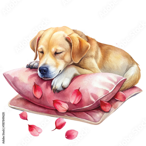 The dog sleeps on the pillow. Clipart Watercolor
