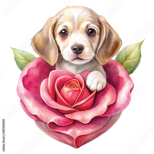 Cute dog emerges from heart-shaped rose  Valentine day  Clipart Watercolor
