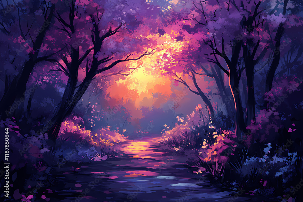 Obraz premium A glowing digital forest with bio-luminescent trees and neon pathways, symbolizing harmony between nature and technology