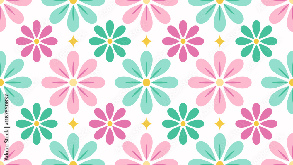 Seamless vector illustration of repeating stylized flowers in pink, green, teal, with yellow centers and small diamonds. Suitable for textiles, wallpapers, and other decorative projects Seamless vector illustration of repeating stylized flowers in pink, green, teal, with yellow centers and small diamonds. Suitable for textiles, wallpapers, and other decorative projects