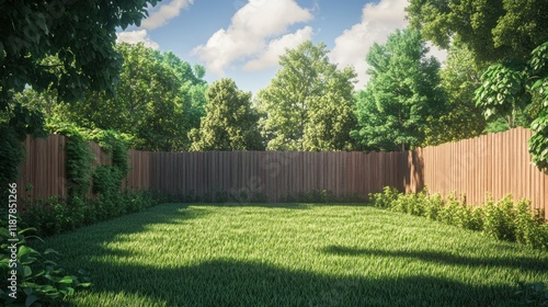 Wallpaper Mural A serene backyard scene with lush grass and surrounding trees under a bright sky. Torontodigital.ca