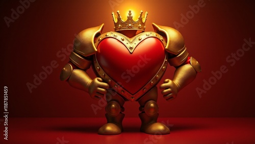 A golden armored heart with a crown, shining with power and resilience. The rich red and gold background symbolizes pride, strength, and courage, embodying inner fortitude and empowerment.